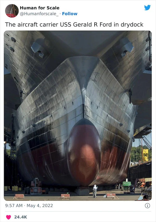 huge versions of ordinary items - gerald r ford drydock - Human for Scale The aircraft carrier Uss Gerald R Ford in drydock .