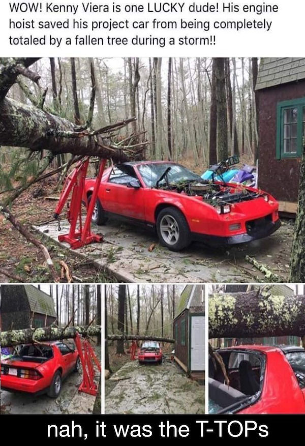 Funny Pics And Memes - sports car - Wow! Kenny Viera is one Lucky dude! His engine hoist saved his project car from being completely totaled by a fallen tree during a storm!! nah, it was the TTOPs