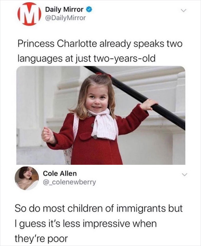brutal comments - princess charlotte already speaks two languages at just two years old - M Daily Mirror Mirror Princess Charlotte already speaks two languages at just twoyearsold Cole Allen So do most children of immigrants but I guess it's less impressi