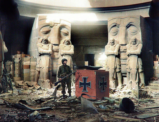 A soldier of the 1st US Army, among debris inside the Monument to the Battle of the Nations in Leipzig, Germany April 1945.
