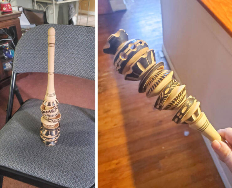 “Carved wood with wooden rings around it. The rings don’t come off. Found it in a park.”

“It’s a Mexican hot-chocolate stirrer/whisk. Known as a molinillo.”