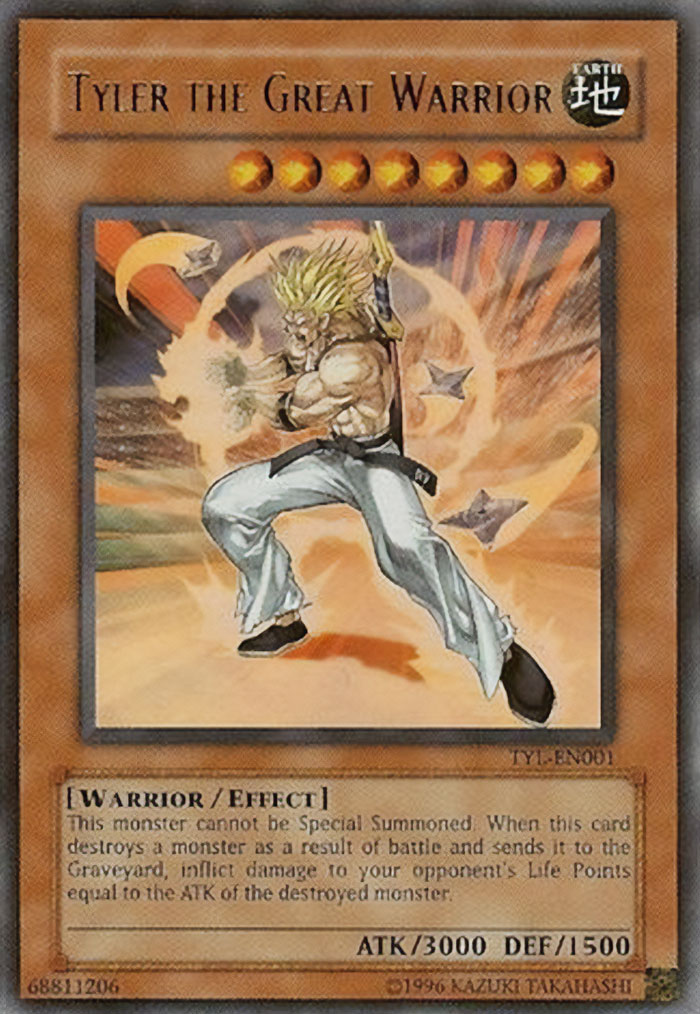 that one of the rarest Yu-Gi-Oh cards in existence is Tyler the Great Warrior. It was created by Tyler Gressle, a boy that had a rare form of liver cancer. He got to create his own card through Make-A-Wish Foundation and they printed one card just for him. He made a full recovery.