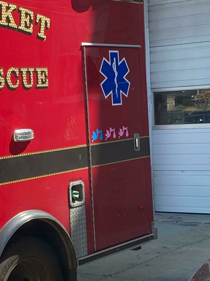 This Ambulance Has Stork Decals, One For Each Of The Babies Born In The Back