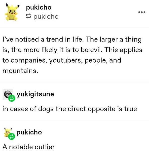 savage comments - larger a thing is the more likey - pukicho pukicho I've noticed a trend in life. The larger a thing is, the more ly it is to be evil. This applies to companies, youtubers, people, and mountains. yukigitsune in cases of dogs the direct op