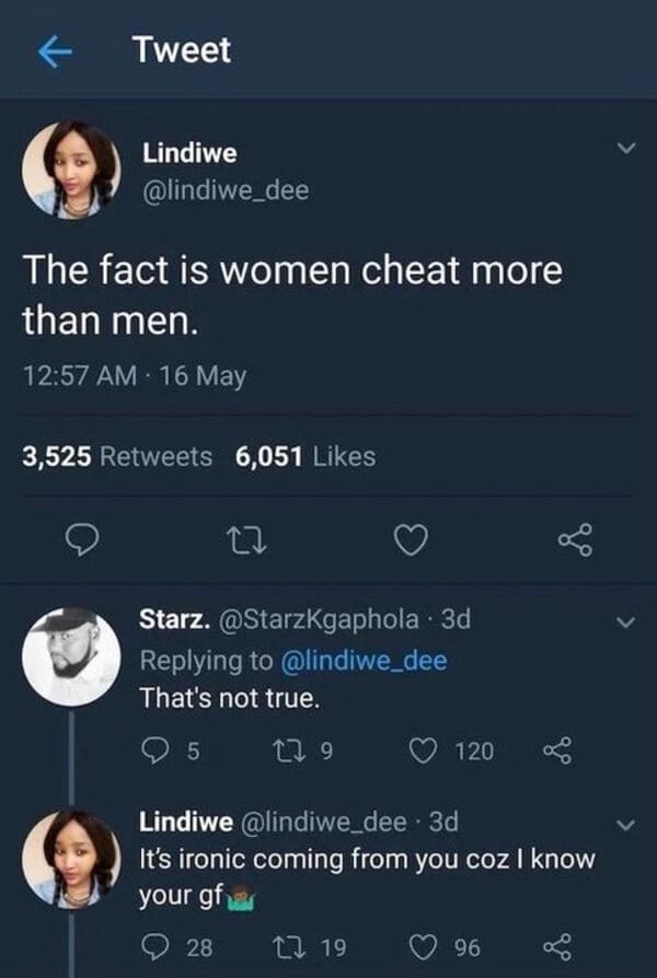savage comments - screenshot - Tweet Lindiwe The fact is women cheat more than men. 16 May 3,525 6,051 Starz. . 3d That's not true. 5 179 120 2 19 Lindiwe 3d It's ironic coming from you coz I know your gf 28 go 96