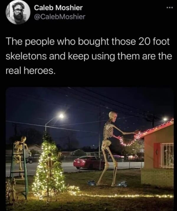 savage tweets - Caleb Moshier - Caleb Moshier The people who bought those 20 foot skeletons and keep using them are the real heroes.