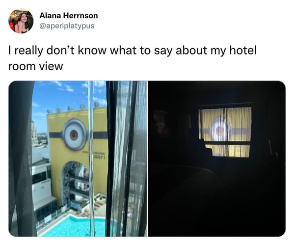 savage tweets - hotel room view minion - Alana Herrnson I really don't know what to say about my hotel room view O July