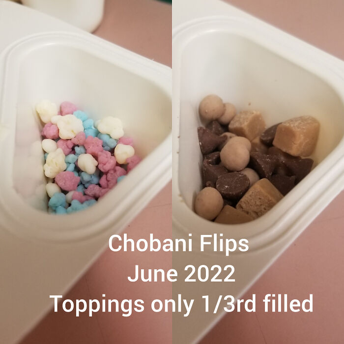 things getting smaller inflation - chobani flip shrinkflation - Chobani Flips Toppings only 13rd filled