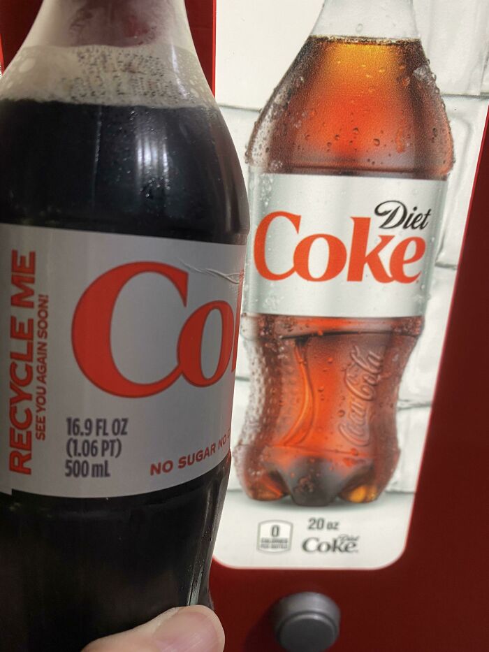 things getting smaller inflation - coca cola shrinkflation - Recycle Me See You Again Soon! Co 16.9 Fl Oz 1.06 Pt 500 mL No Sugar No Diet Coke 0 yg men 20 az Coke