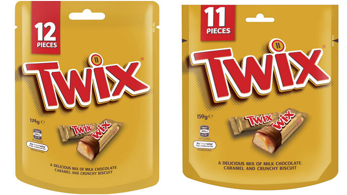 things getting smaller inflation - 12 Pieces 174g e 1 wa Twix Twix Twix wix 11 A Delicious Mix Of Milk Chocolate Caramel And Crunchy Biscuit Pieces 159g 0 Twix Wix A Delicious Mix Of Milk Chocolate. Caramel And Crunchy Biscuit