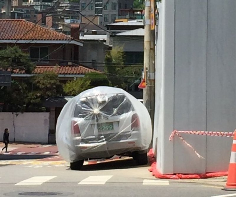 “If you park your car in Korea where construction work is happening, your car will be wrapped in a bag like this.”