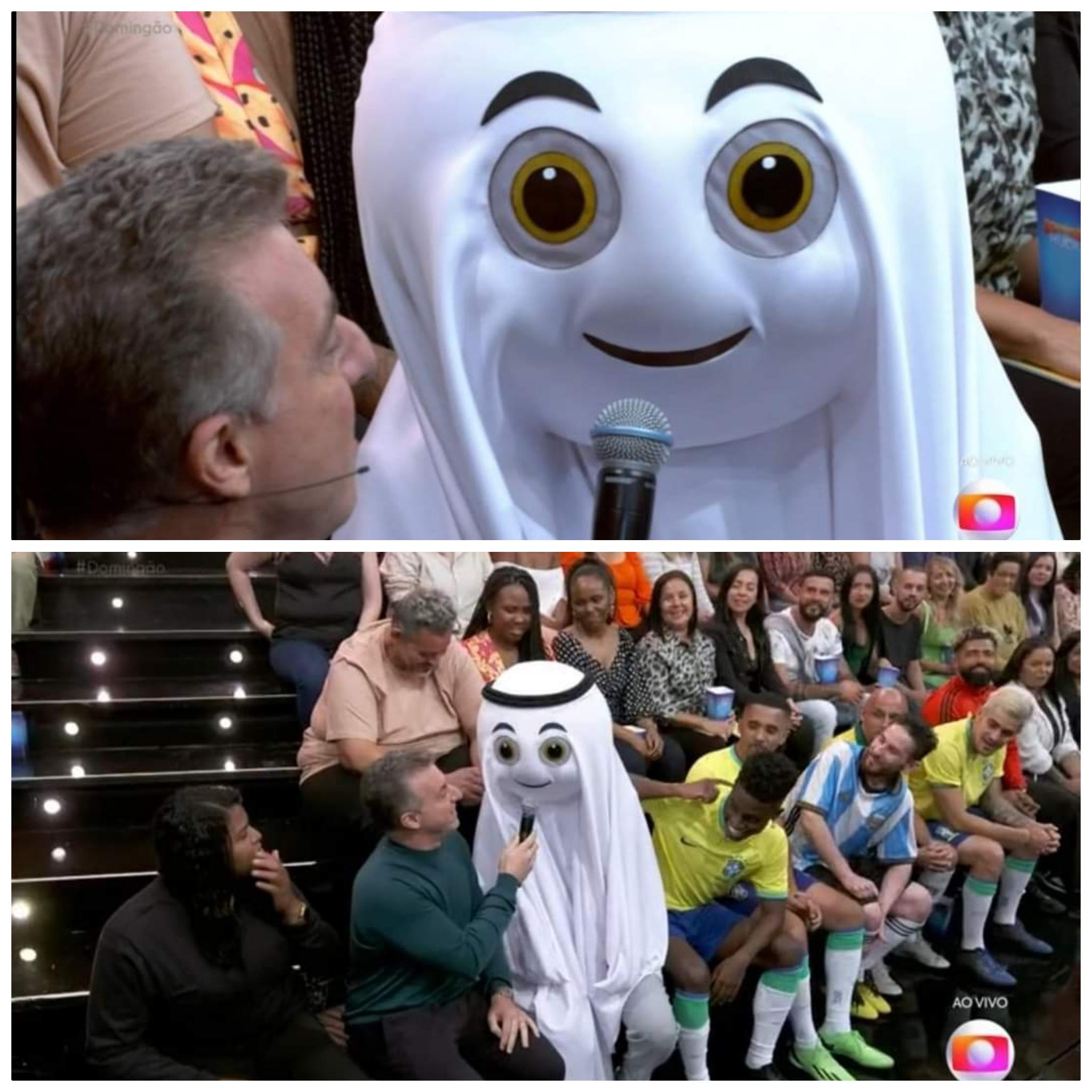 World Cup mascot, La’eeb, on a TV show in Brazil