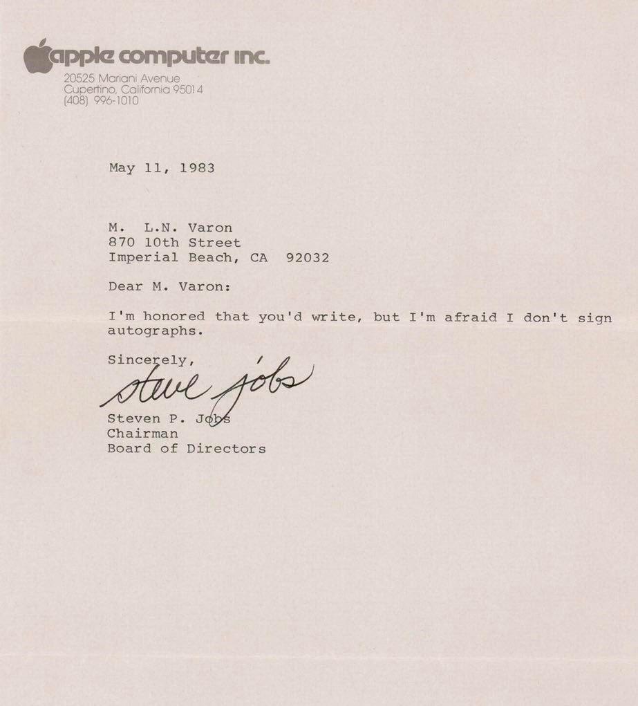 In 1983, Steve Jobs typed this reply to a letter asking for his autograph.