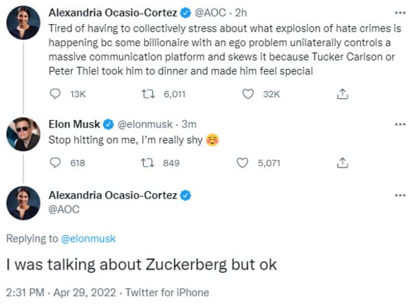 Savage Comments - elon musk tweet - Alexandria OcasioCortez 2h Tired of having to collectively stress about what explosion of hate crimes is happening bc some billionaire with an ego problem unilaterally controls a massive communication platform an