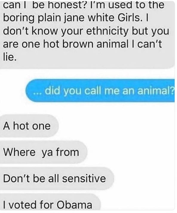 Creepy texts - you are one hot brown animal - can I be honest? I'm used to the boring plain jane white Girls. I don't know your ethnicity but you are one hot brown animal I can't lie. did you call me an animal? A hot one Where ya from Don't be all sensiti