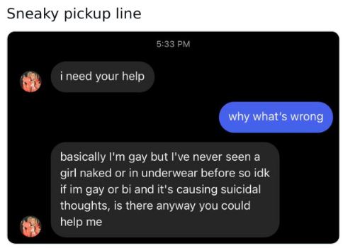 Creepy texts - multimedia - Sneaky pickup line i need your help why what's wrong basically I'm gay but I've never seen a girl naked or in underwear before so idk if im gay or bi and it's causing suicidal thoughts, is there anyway you could help me