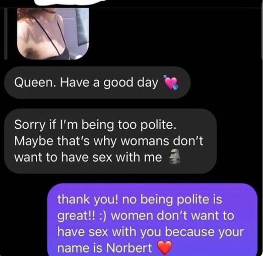Creepy texts - norbert meme - Queen. Have a good day Sorry if I'm being too polite. Maybe that's why womans don't want to have sex with me thank you! no being polite is great!! women don't want to have sex with you because your name is Norbert
