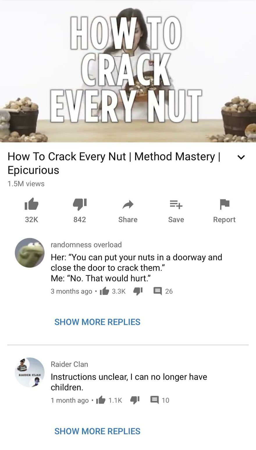instructions unclear - How To Crack Every Nut | Method Mastery I Epicurious 1.5M views 32K How To Crack Every Nut Raider Clai 842 Show More Replies Save randomness overload Her "You can put your nuts in a doorway and close the door to crack them." Me "No.