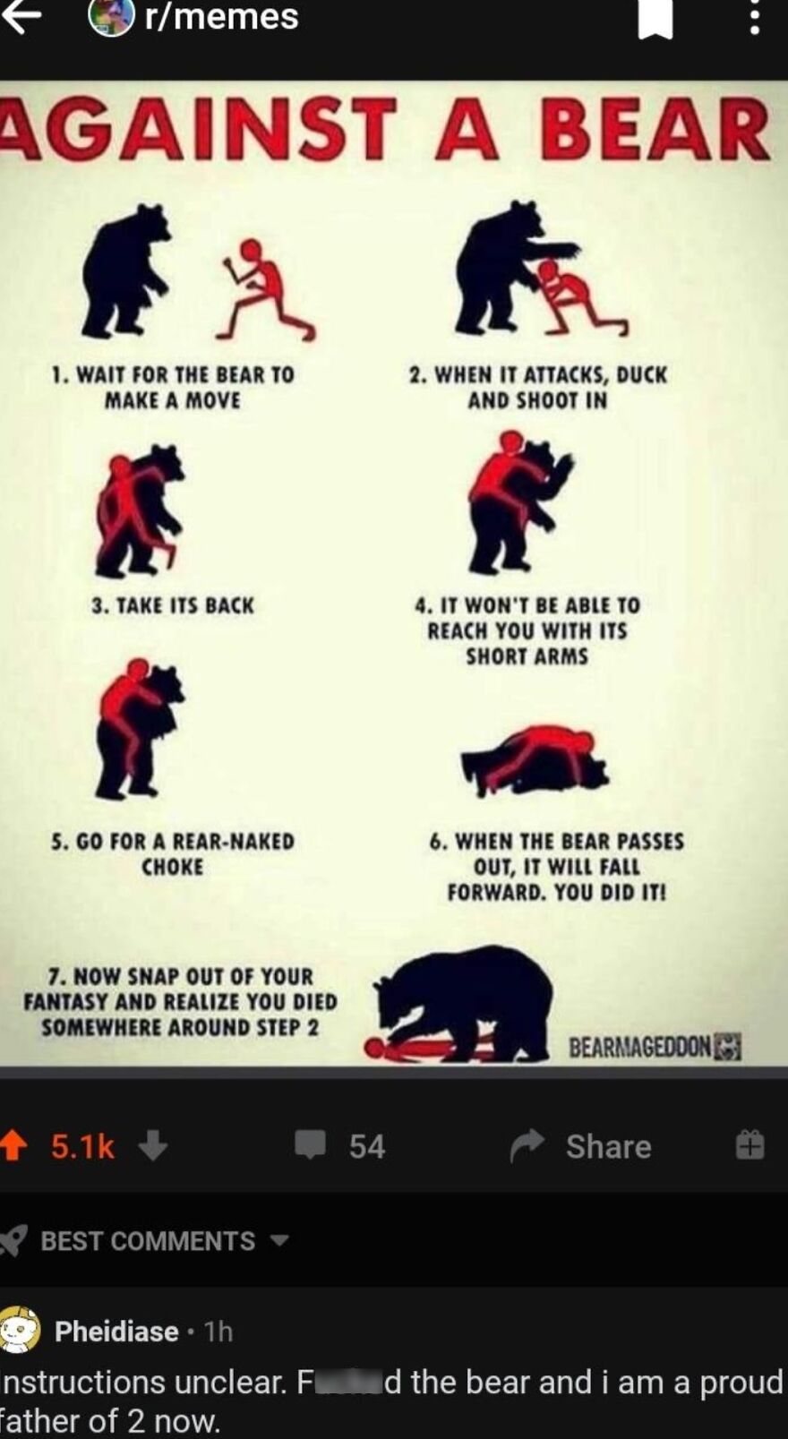 instructions unclear - poster - rmemes Against A Bear 2. When It Attacks, Duck And Shoot In 1. Wait For The Bear To Make A Move 3. Take Its Back 5. Go For A RearNaked Choke 7. Now Snap Out Of Your Fantasy And Realize You Died Somewhere Around Step 2 Best 