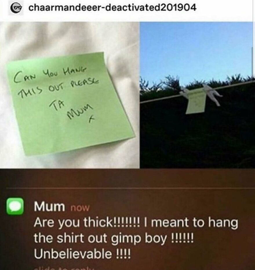 instructions unclear - gimp boy meme - chaarmandeeerdeactivated201904 Can You Hang This Out Please Ta Mum K Mum now Are you thick!!!!!!! I meant to hang the shirt out gimp boy !!!!!! Unbelievable !!!!