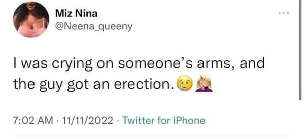 cringe posts over sharing - smile - Miz Nina I was crying on someone's arms, and the guy got an erection. 11112022 Twitter for iPhone www