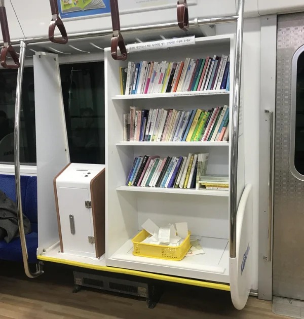 “This subway car in Seoul has a mini library.”