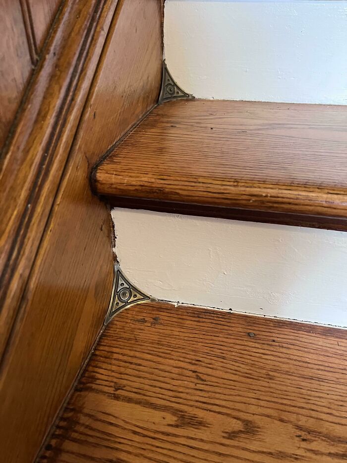 What Are These Medal Things On The Corner Of These Stairs And What Is Their Purpose? Answer: Corner dust guards. They make it easier to sweep dust out of the corners.