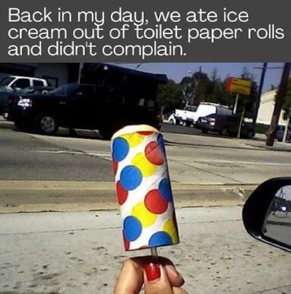 too true memes -  Back in my day, we ate ice cream out of toilet paper rolls and didn't complain.