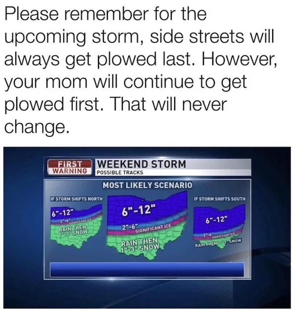 spicy memes for Thirsty Thursday - software - Please remember for the upcoming storm, side streets will always get plowed last. However, your mom will continue to get plowed first. That will never change. First Weekend Storm Warning Possible Tracks Most l