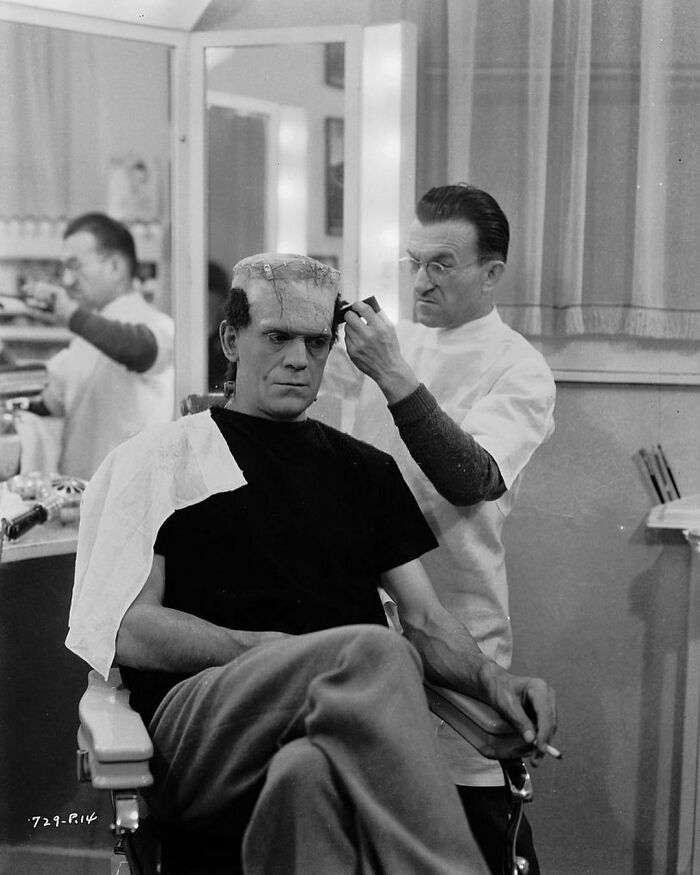 Makeup Artist Jack Pierce Getting Boris Karloff Into Character On The Set Of The Bride Of Frankenstein, 1935. Karloff Considered Pierce To Be, "The Best Makeup Man In The World. I Owe Him A Lot"