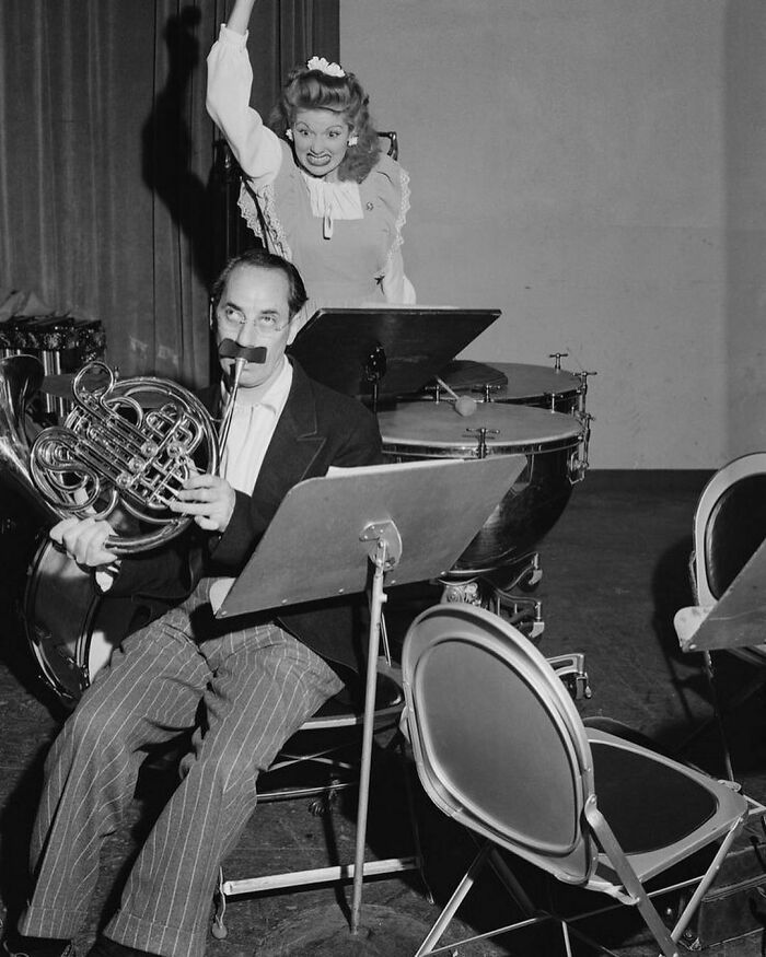 Groucho Marx And Lucille Ball Goofing Off At Cbs's Knx Radio Studios, 1945
