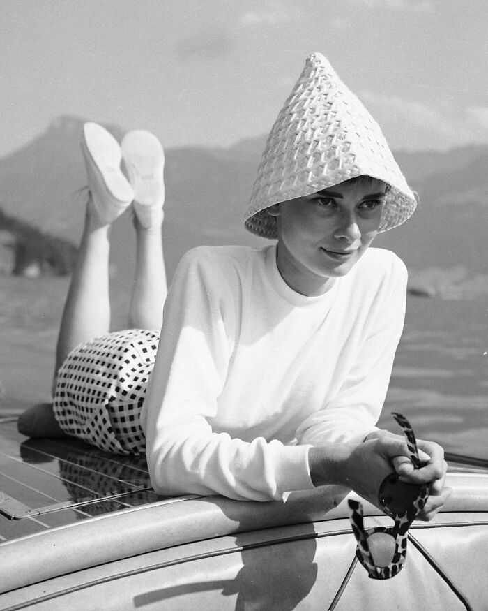 Audrey Hepburn Relaxing On A Boat In Switzerland, 1954
