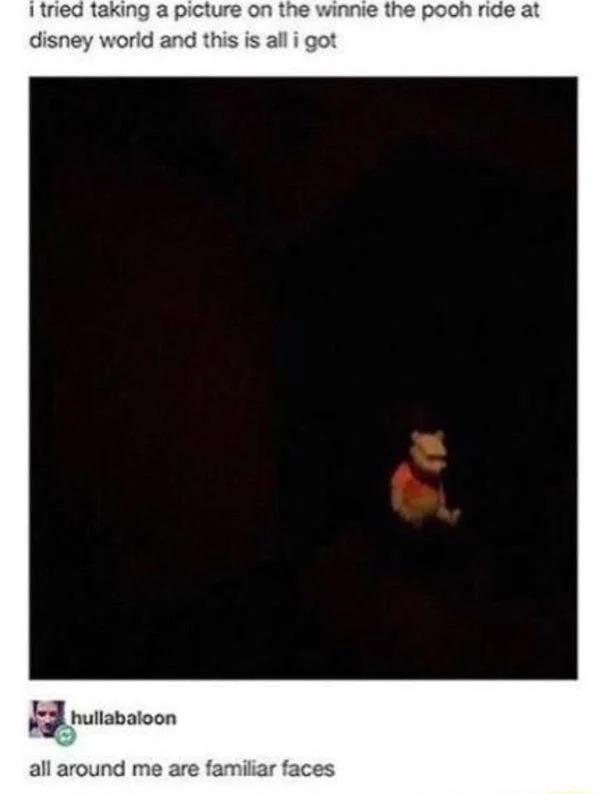 things that are depressing - funny stuff funny tumblr memes - i tried taking a picture on the winnie the pooh ride at disney world and this is all i got hullabaloon all around me are familiar faces