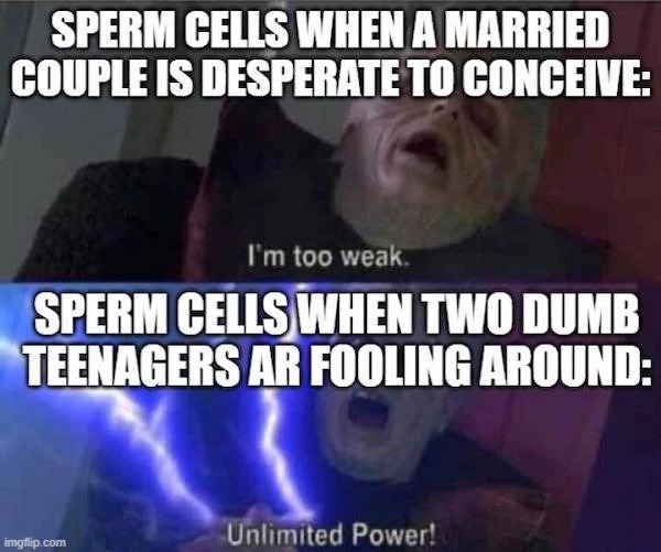 things that are depressing - reproductive system meme - Sperm Cells When A Married Couple Is Desperate To Conceive I'm too weak. Sperm Cells When Two Dumb Teenagers Ar Fooling Around imgflip.com Unlimited Power!