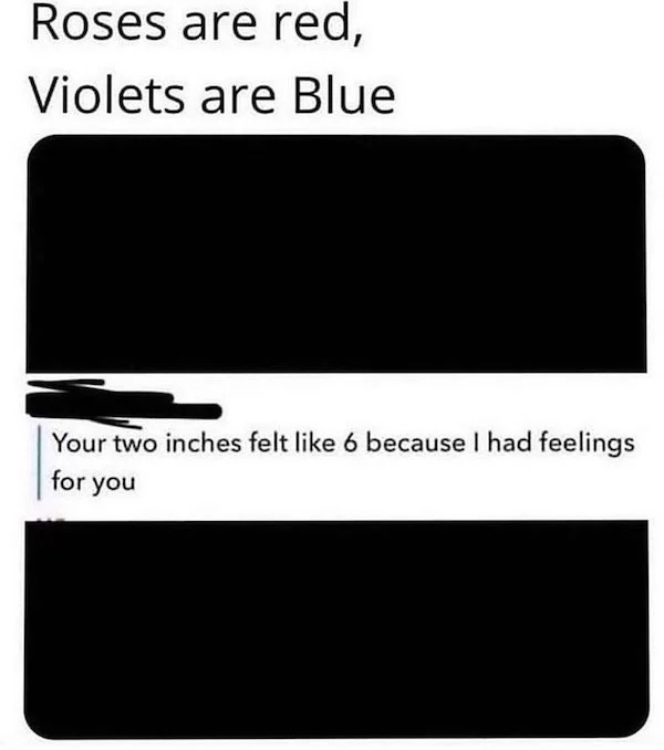 penis jokes - Roses are red, Violets are Blue Your two inches felt 6 because I had feelings for you