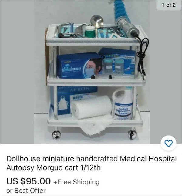 Insane Things That Sold Online - machine - Tele Apron White Sodium Hypocho Solution Us $95.00 Free Shipping or Best Offer 1 of 2 Dollhouse miniature handcrafted Medical Hospital Autopsy Morgue cart 112th