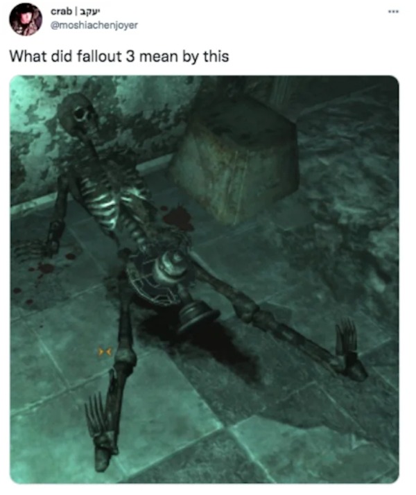 the funniest tweets of the year - environmental storytelling skeleton - |crab What did fallout 3 mean by this www