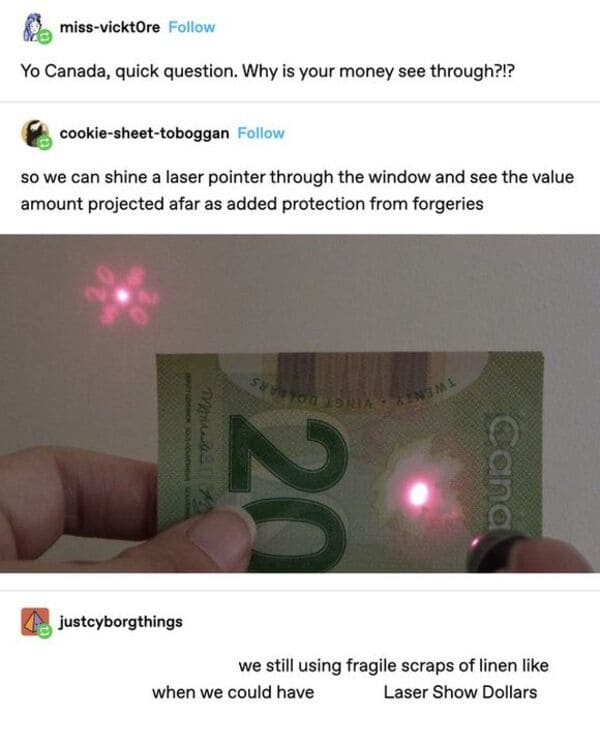 savage comments and replies - angle - missvicktore Yo Canada, quick question. Why is your money see through?!? cookiesheettoboggan so we can shine a laser pointer through the window and see the value amount projected afar as added protection from forgerie