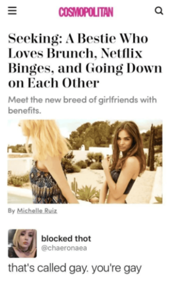 savage comments and replies - friendship - Cosmopolitan Seeking A Bestie Who Loves Brunch, Netflix Binges, and Going Down on Each Other Meet the new breed of girlfriends with benefits. By Michelle Ruiz blocked thot that's called gay. you're gay