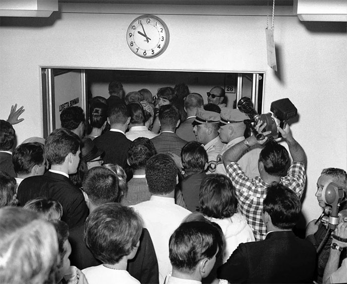 Couples rush to secure a marriage license and get married in Las Vegas, ahead of Executive Order 11241 taking effect, which eliminated the draft exception for married men. August 26, 1965.