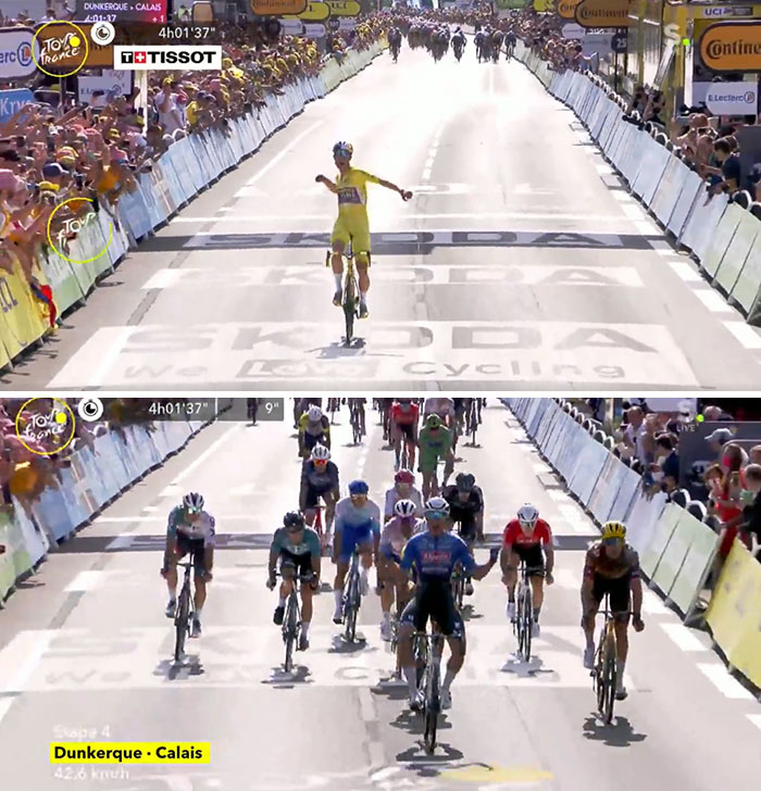 Cyclist at the Tour De France fails to see actual winner finishing 8 seconds before him.