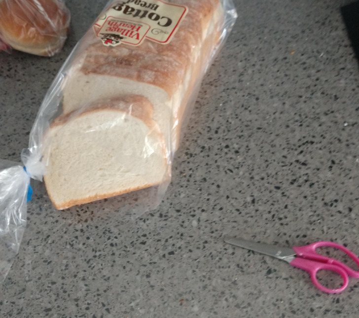 “Apparently this is how a 5-year-old opens a new loaf of bread.”