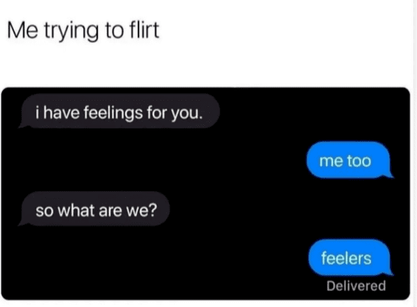 dank memes - feelers meme - Me trying to flirt i have feelings for you. so what are we? me too feelers Delivered