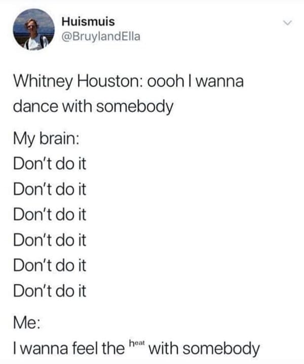 dank memes - wanna dance with somebody meme - Huismuis Whitney Houston oooh I wanna dance with somebody My brain Don't do it Don't do it Don't do it Don't do it Don't do it Don't do it Me I wanna feel the heat with somebody