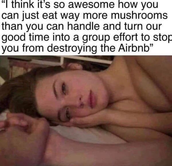 dank memes - think it's awesome meme - "I think it's so awesome how you can just eat way more mushrooms than you can handle and turn our good time into a group effort to stop you from destroying the Airbnb"