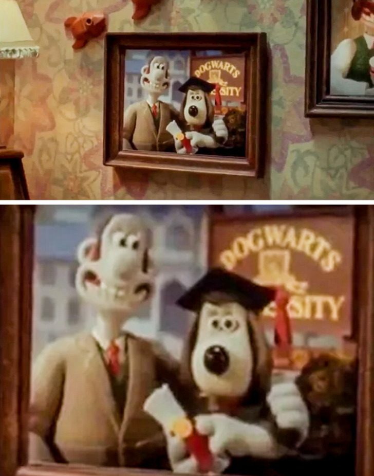 In the movie Wallace & Gromit: The Curse of the Were-Rabbit, we follow the adventures of farmer Wallace and his dog, who face a mysterious being that intends to wipe out all the vegetable crops before one of the most important agricultural events of the year.

In a scene in which Wallace and Gromit are entering their house, some photographs can be seen on the wall. One of Gromit’s graduation photos shows he studied at “Dogwarts” University.