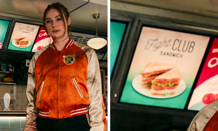 In the movie Gunpowder Milkshake, released in 2021, we follow the story of Sam, who seeks to reunite with her mother after being cruelly separated from her in her childhood. In the scene where the protagonist is in the cafeteria, we can see a sandwich with the name Fight Club on the menu. This is a clear reference to the 1999 film that surely inspired the director when making this action film.