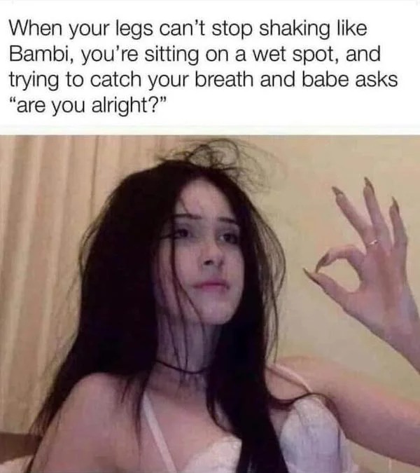 tantric tuesday spicy memes - girl - When your legs can't stop shaking Bambi, you're sitting on a wet spot, and trying to catch your breath and babe asks "are you alright?"