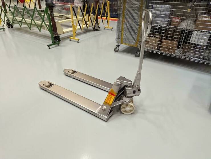 "A Stainless Steel Pallet Jack For Use Inside Clean Rooms"