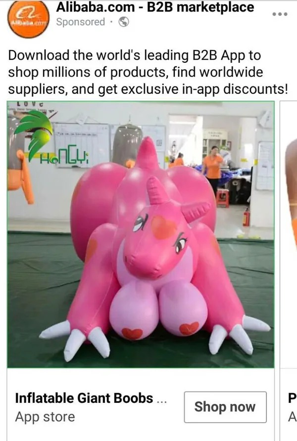 wtf ads - inflatable - Alibaba.com B2B marketplace El Alibaba.com Sponsored Download the world's leading B2B App to shop millions of products, find worldwide suppliers, and get exclusive inapp discounts! Love Hongy Inflatable Giant Boobs ... App store Sho